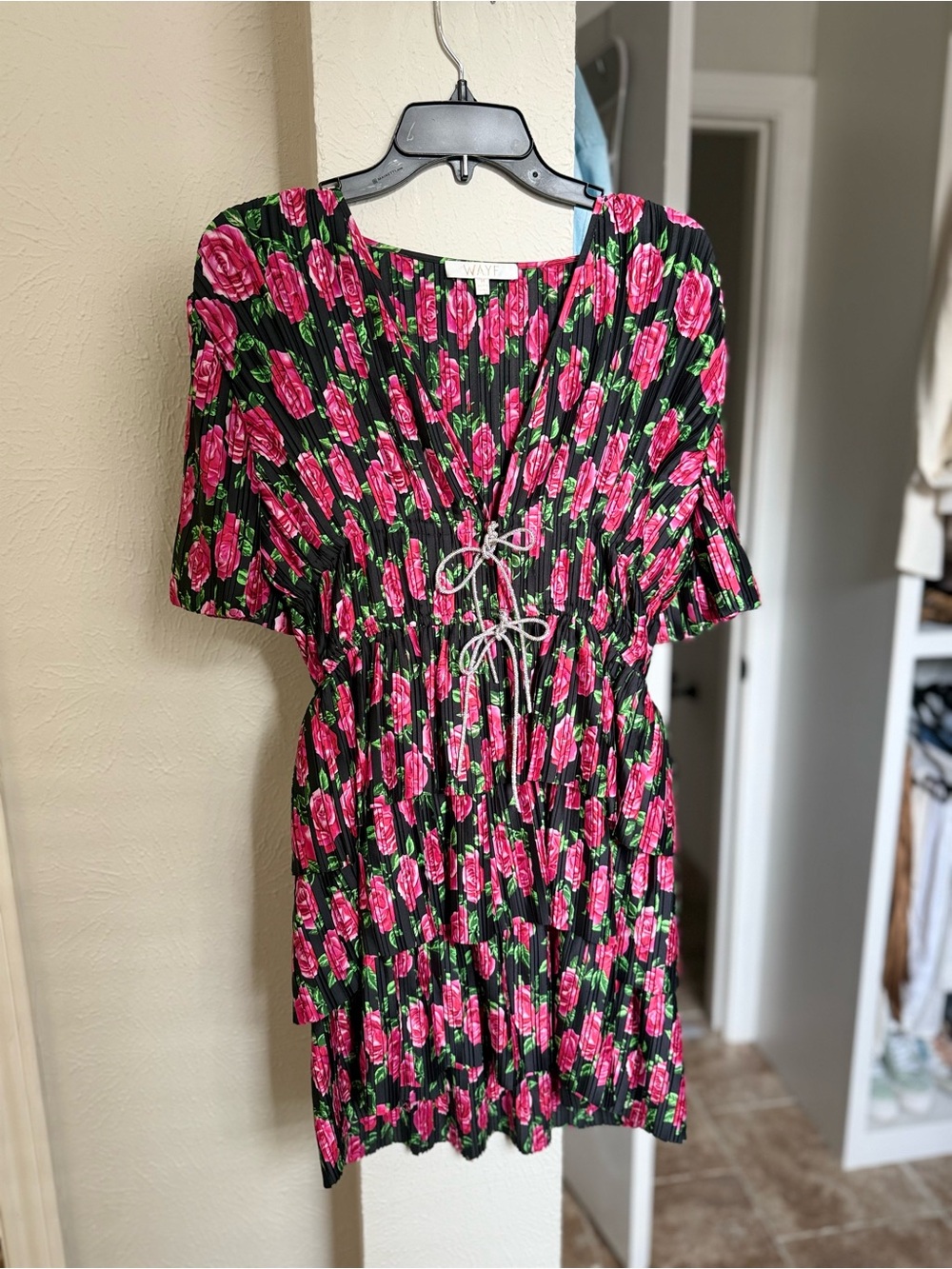 Wayf Black Dress with Pink Rose Print and Drawstring Waist